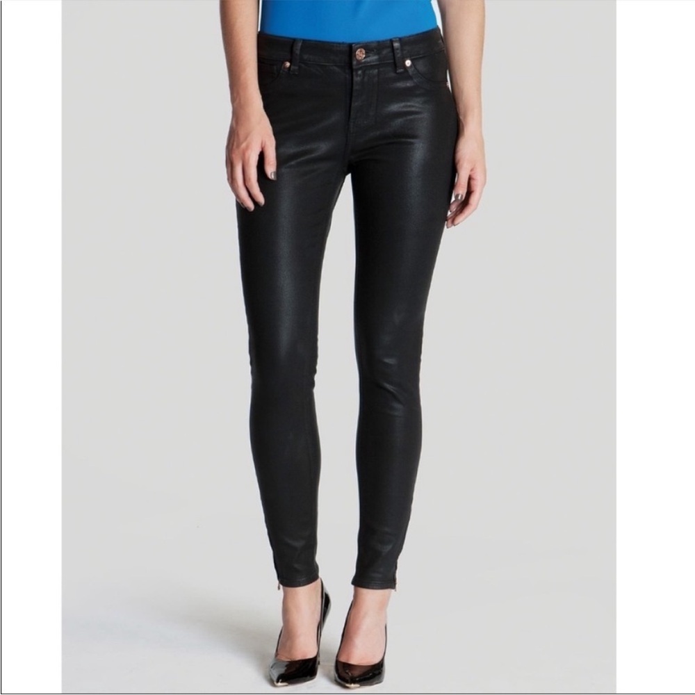 Ted Baker Annna Wax Jeans Designer Shiny Black Rose Gold Zipper Hem Size 32